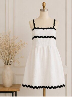 Linen Blend Mini Dress Black Rickrack Trim Size 16 Large Coastal Billy J White